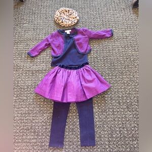 Janie and Jack 2T/3 purple outfit w skirt leggings cardigan leopard beret set